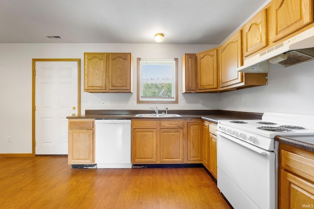 3610 E Sherwood Ter, Fort Wayne, IN 46806 - kitchen featuring white appliances, under cabinet range hood, dark countertops, and light wood-type flooring