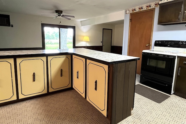 615 Springbrook Rd, Fort Wayne, IN 46825 - kitchen featuring range with electric cooktop, a ceiling fan, light flooring, and dark brown cabinets