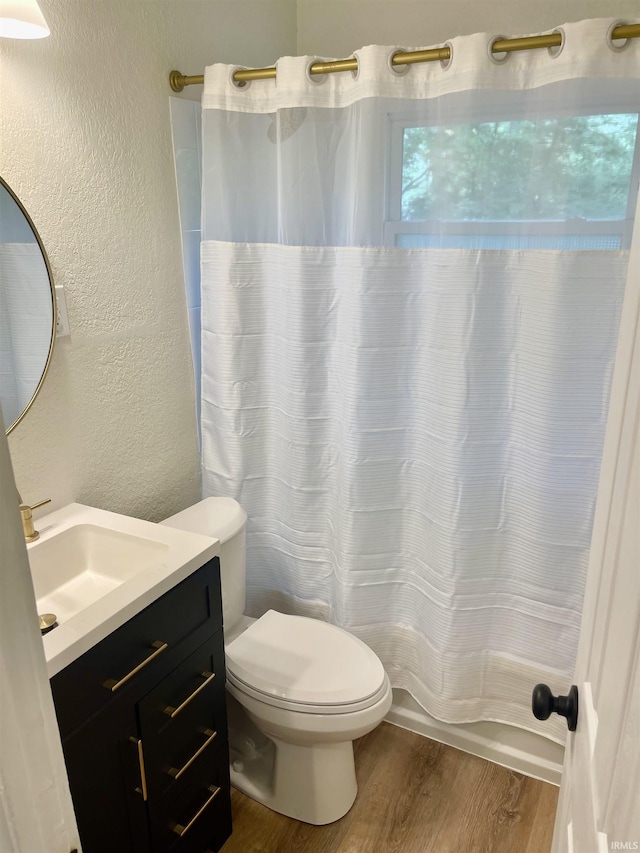 210 Gladstone Dr, Wabash, IN 46992 - full bath with wood finished floors, a textured wall, vanity, and a shower with curtain