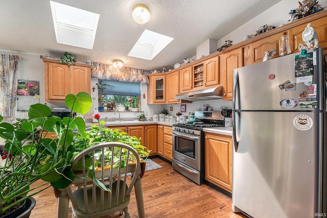 205 Par Blvd, Bristol, IN 46507 - kitchen with stainless steel appliances, under cabinet range hood, a skylight, a textured ceiling, and light countertops