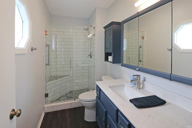 3847 Lodi Ln, Lafayette, IN 47905 - full bath featuring a shower stall, plenty of natural light, vanity, and wood finished floors