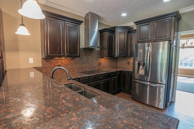 3507 Wakefield Dr, West Lafayette, IN 47906 - kitchen featuring stainless steel fridge, wall chimney exhaust hood, ornamental molding, black electric cooktop, and decorative backsplash