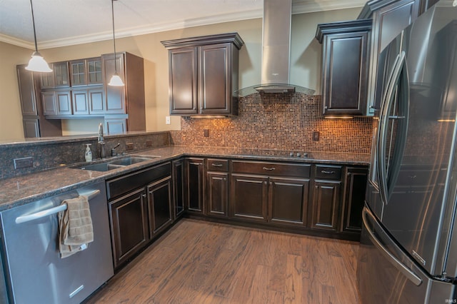 3507 Wakefield Dr, West Lafayette, IN 47906 - kitchen featuring stainless steel appliances, wall chimney exhaust hood, dark wood-style flooring, dark stone countertops, and ornamental molding