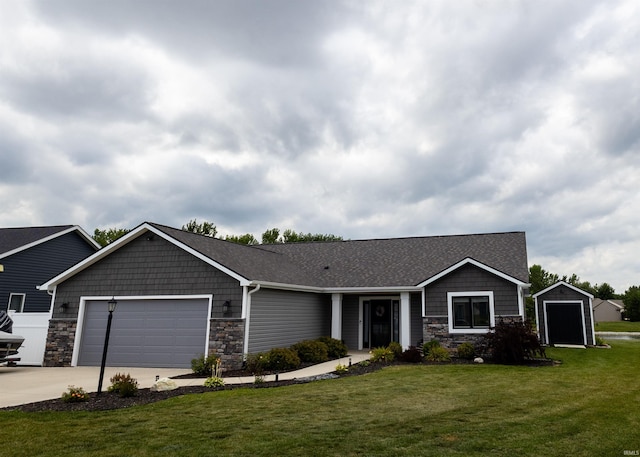 1492 Monte Carlo Dr, Huntertown, IN 46748 - craftsman house with stone siding, a garage, a front yard, and a storage unit