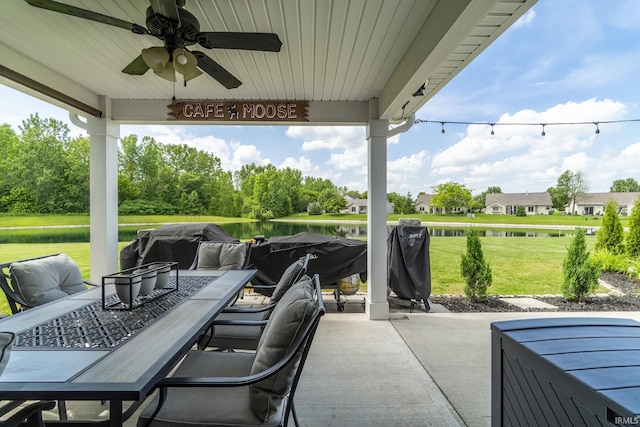 1492 Monte Carlo Dr, Huntertown, IN 46748 - view of patio / terrace with a water view, outdoor dining space, and a ceiling fan