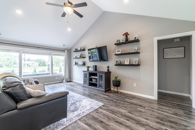 1492 Monte Carlo Dr, Huntertown, IN 46748 - living room with ceiling fan, wood finished floors, recessed lighting, and high vaulted ceiling