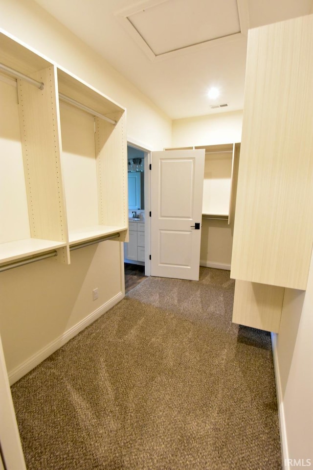 146 Hayloft Dr, West Lafayette, IN 47906 - walk in closet featuring dark carpet and attic access