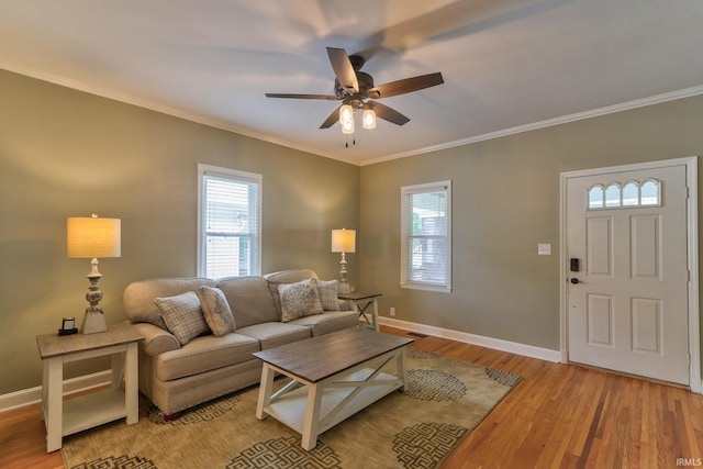 2736 Marion Ave, Evansville, IN 47712 - living room featuring a ceiling fan, plenty of natural light, light wood finished floors, and crown molding