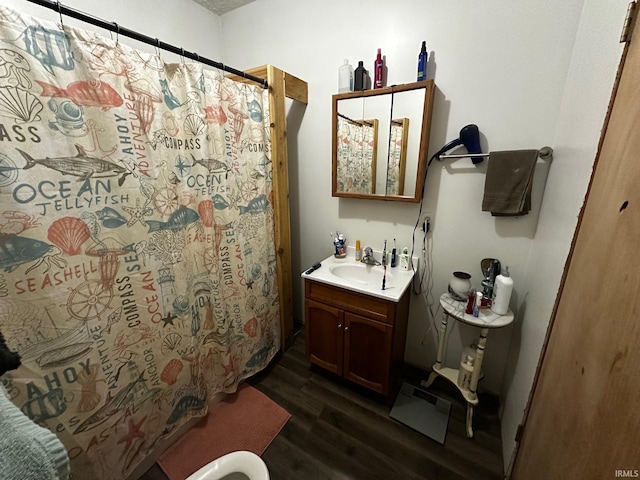13687 E Ivan Ct, Bloomington, IN 47403 - bathroom featuring wood finished floors, vanity, and a shower with shower curtain