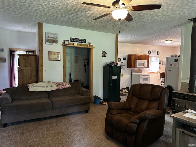 13687 E Ivan Ct, Bloomington, IN 47403 - living area with a textured ceiling, ceiling fan, and carpet flooring