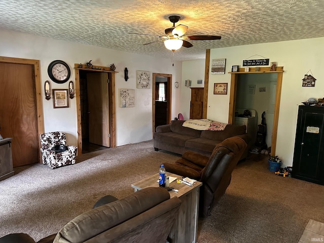 13687 E Ivan Ct, Bloomington, IN 47403 - living area featuring carpet floors, a ceiling fan, and a textured ceiling