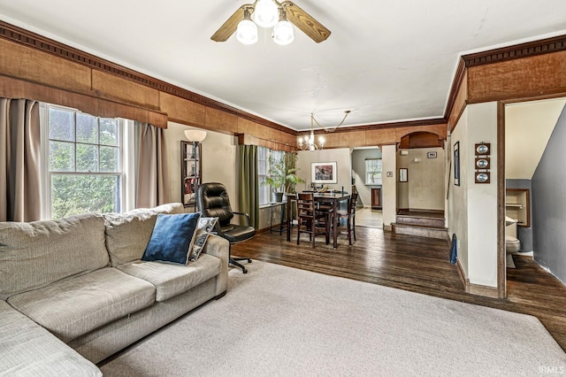 422 W Lawrence St, Mishawaka, IN 46545 - living room with dark wood-style flooring, ceiling fan, crown molding, and a chandelier