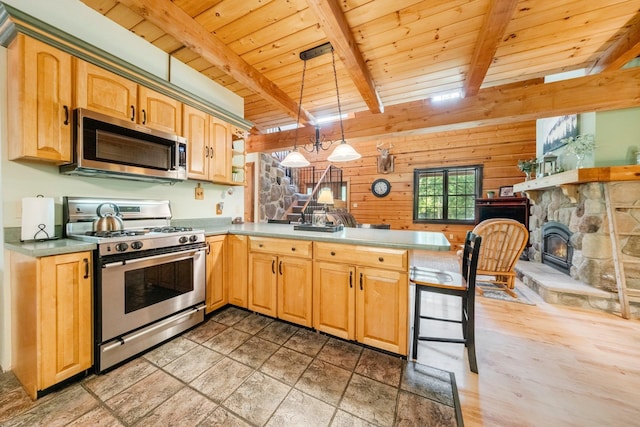 5618 N 725 E, Fremont, IN 46737 - kitchen featuring stainless steel appliances, a wooden ceiling with exposed beams, a peninsula, light countertops, and wood walls