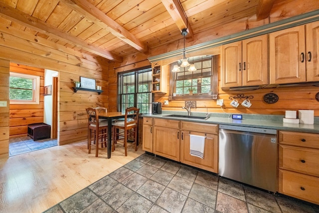 5618 N 725 E, Fremont, IN 46737 - kitchen featuring dishwasher, a wooden ceiling with exposed beams, wooden walls, and hanging light fixtures