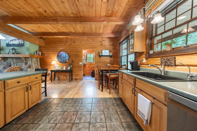 5618 N 725 E, Fremont, IN 46737 - kitchen featuring dishwasher, wood walls, stone tile floors, a wood ceiling with exposed beams, and pendant lighting