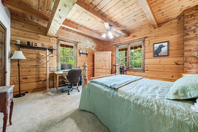 5618 N 725 E, Fremont, IN 46737 - carpeted bedroom with a wood ceiling with exposed beams, wood walls, and an office area