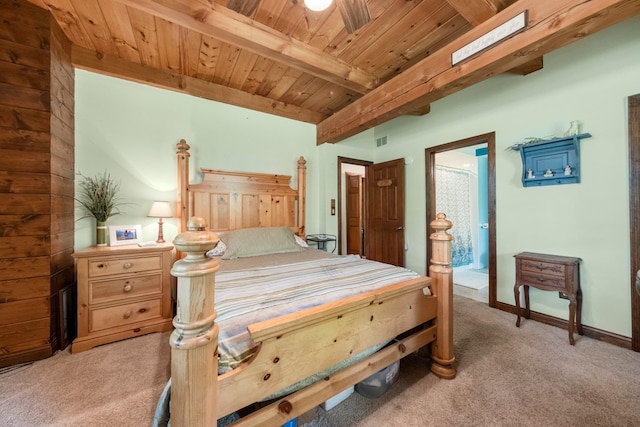 5618 N 725 E, Fremont, IN 46737 - bedroom featuring light carpet, a wooden ceiling with exposed beams, and connected bathroom