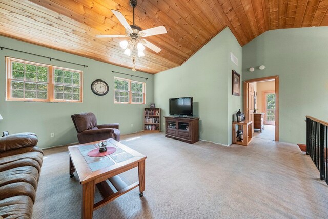 5618 N 725 E, Fremont, IN 46737 - carpeted living room with wood ceiling, ceiling fan, and lofted ceiling