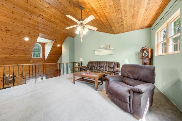 5618 N 725 E, Fremont, IN 46737 - carpeted living area with wood ceiling, a ceiling fan, and vaulted ceiling