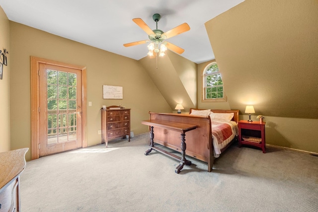 5618 N 725 E, Fremont, IN 46737 - bedroom with access to exterior, carpet flooring, a ceiling fan, and lofted ceiling