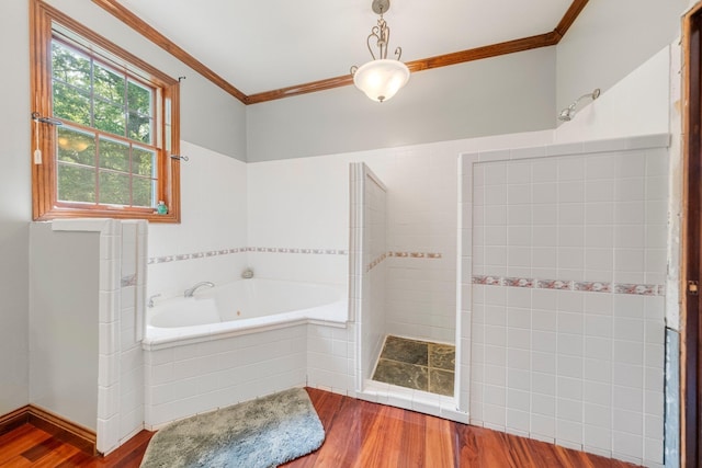 5618 N 725 E, Fremont, IN 46737 - bathroom with a garden tub, ornamental molding, wood finished floors, and a shower