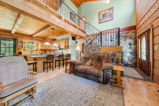 5618 N 725 E, Fremont, IN 46737 - living area featuring a wood ceiling with exposed beams, light wood finished floors, a towering ceiling, stairs, and wood walls