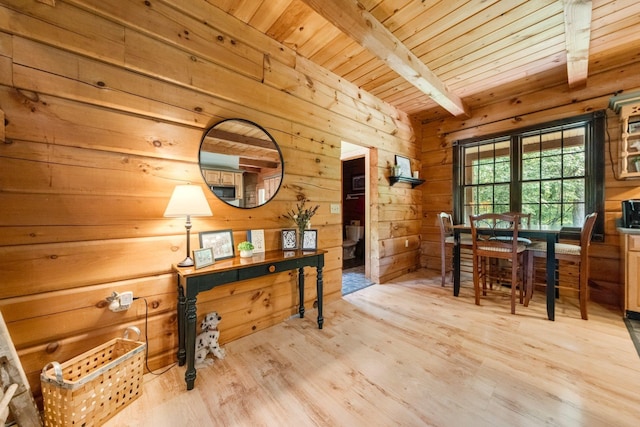 5618 N 725 E, Fremont, IN 46737 - home office with light wood-style floors, a wooden ceiling with exposed beams, and wood walls