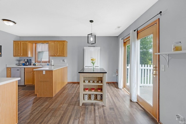 9536 Ballymore Dr, Fort Wayne, IN 46835 - kitchen with dishwasher, open shelves, wood finished floors, pendant lighting, and a center island