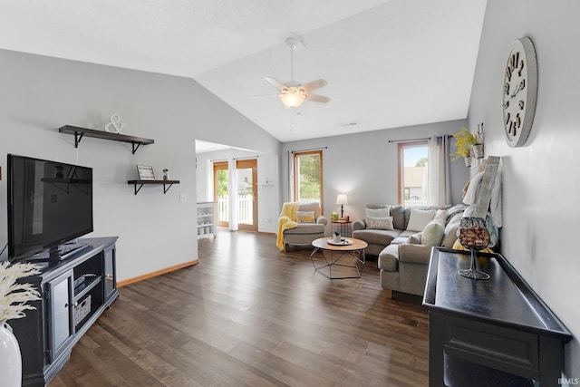 9536 Ballymore Dr, Fort Wayne, IN 46835 - living room with vaulted ceiling, ceiling fan, and dark wood-style flooring