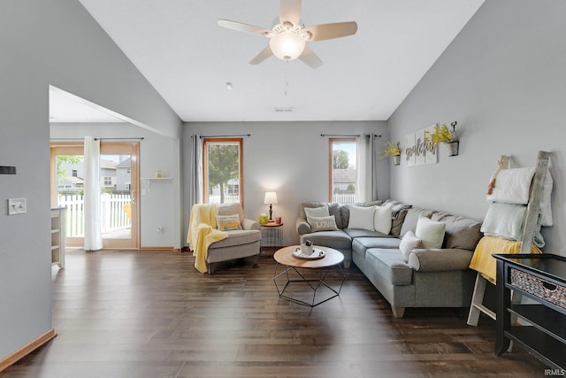 9536 Ballymore Dr, Fort Wayne, IN 46835 - living room featuring lofted ceiling, dark wood finished floors, and ceiling fan