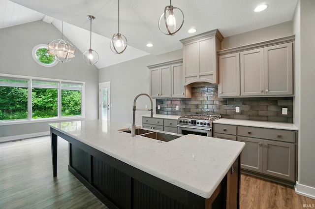 126 Tumbling Stone Ct, Fort Wayne, IN 46845 - kitchen with gray cabinets, stainless steel range, lofted ceiling, tasteful backsplash, and wood finished floors