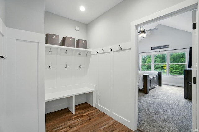 907 Switchfoot Dr, Huntertown, IN 46748 - mudroom with lofted ceiling, a ceiling fan, recessed lighting, and dark wood-type flooring