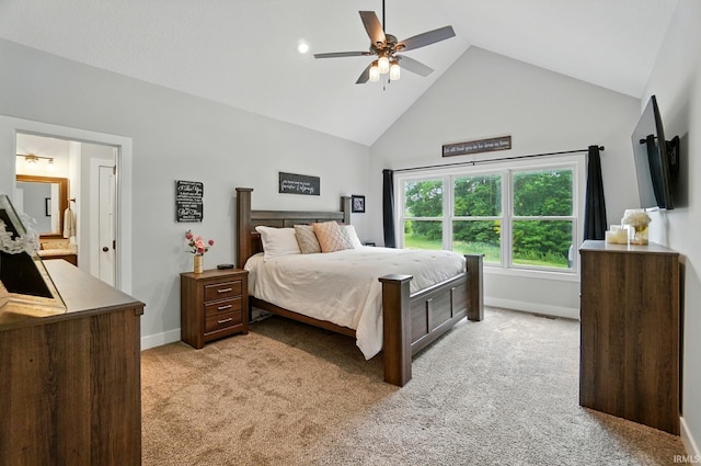 907 Switchfoot Dr, Huntertown, IN 46748 - bedroom with light carpet, high vaulted ceiling, a ceiling fan, and ensuite bath
