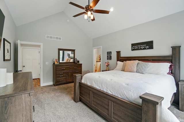 907 Switchfoot Dr, Huntertown, IN 46748 - bedroom featuring high vaulted ceiling, light colored carpet, a ceiling fan, and ensuite bathroom
