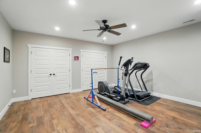 907 Switchfoot Dr, Huntertown, IN 46748 - workout area with a ceiling fan, recessed lighting, and wood finished floors