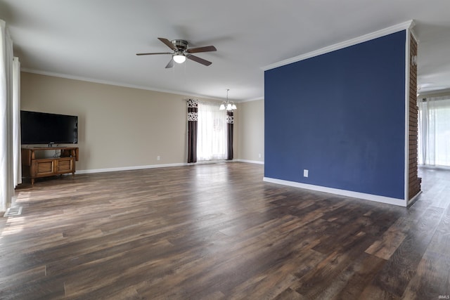 867 Park Plaza Dr, Evansville, IN 47715 - unfurnished living room with a ceiling fan, a chandelier, crown molding, and dark wood-style floors