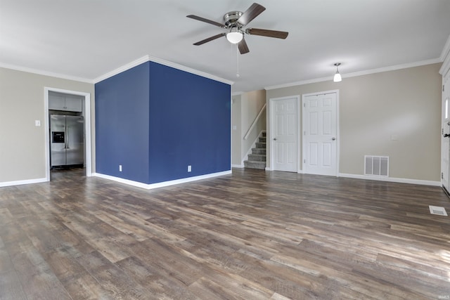 867 Park Plaza Dr, Evansville, IN 47715 - unfurnished living room with a ceiling fan, wood finished floors, crown molding, and stairs