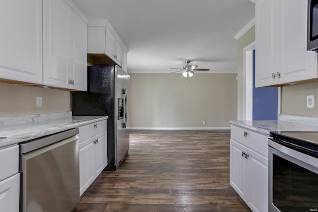 867 Park Plaza Dr, Evansville, IN 47715 - kitchen featuring appliances with stainless steel finishes, a ceiling fan, ornamental molding, white cabinets, and dark wood-style flooring