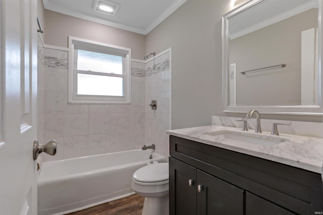 867 Park Plaza Dr, Evansville, IN 47715 - full bath with vanity, shower / bath combination, wood finished floors, and ornamental molding