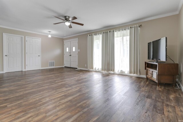 867 Park Plaza Dr, Evansville, IN 47715 - unfurnished living room featuring a ceiling fan, dark wood-type flooring, and ornamental molding