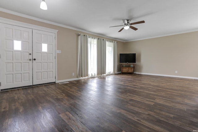 867 Park Plaza Dr, Evansville, IN 47715 - unfurnished living room featuring ceiling fan, dark wood-style flooring, and ornamental molding