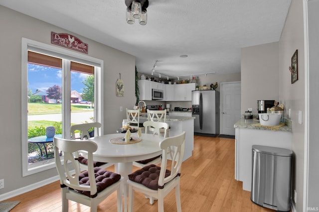 207 Meadows Dr, Greentown, IN 46936 - dining area with light wood-style flooring, rail lighting, and a textured ceiling