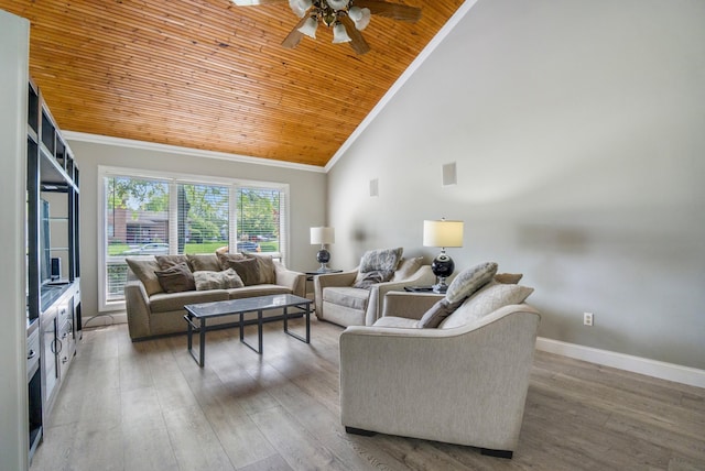1006 Heather Rdg, Angola, IN 46703 - living room featuring wooden ceiling, ceiling fan, crown molding, light wood finished floors, and high vaulted ceiling
