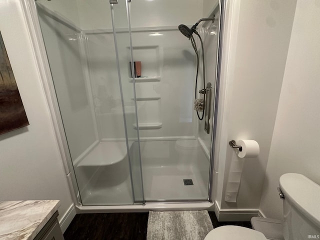 32131 State Road 2nd Rd, New Carlisle, IN 46552 - bathroom with a shower stall, wood finished floors, and vanity