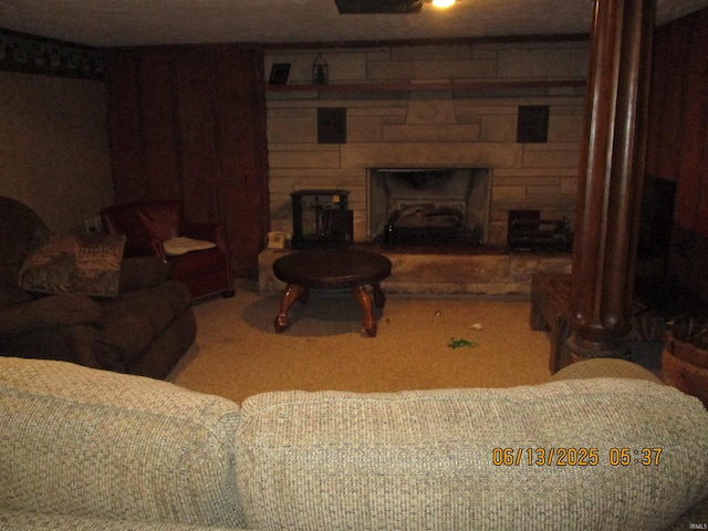 8487 N Old Highway 231st Rd, Linden, IN 47955 - carpeted living area featuring a fireplace and decorative columns