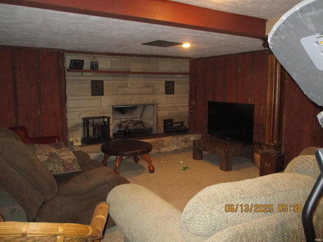 8487 N Old Highway 231st Rd, Linden, IN 47955 - carpeted living area with a stone fireplace, wooden walls, and a textured ceiling