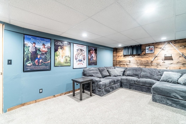 1703 Frantz Dr, North Manchester, IN 46962 - home theater with carpet floors, wooden walls, a drop ceiling, and recessed lighting