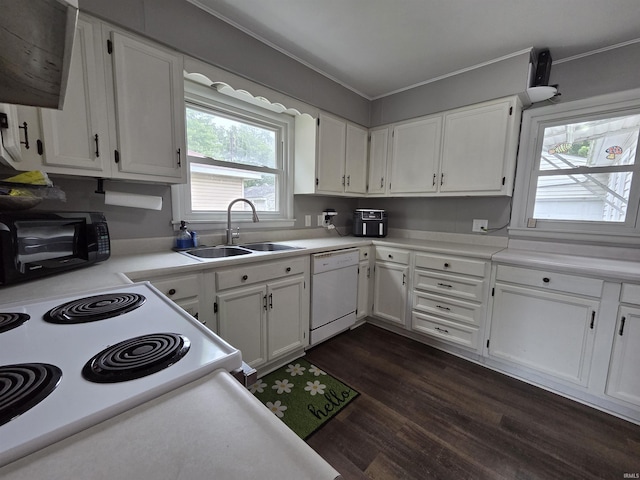 603 E 1st St, Fowler, IN 47944 - kitchen with white appliances, dark wood finished floors, white cabinetry, light countertops, and ornamental molding