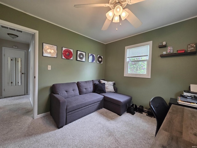 603 E 1st St, Fowler, IN 47944 - living room featuring carpet floors, ceiling fan, a desk, and crown molding