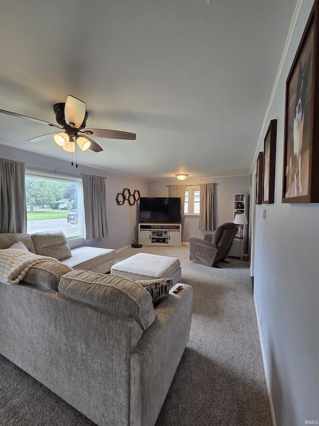 603 E 1st St, Fowler, IN 47944 - carpeted living area with healthy amount of natural light, ceiling fan, and crown molding